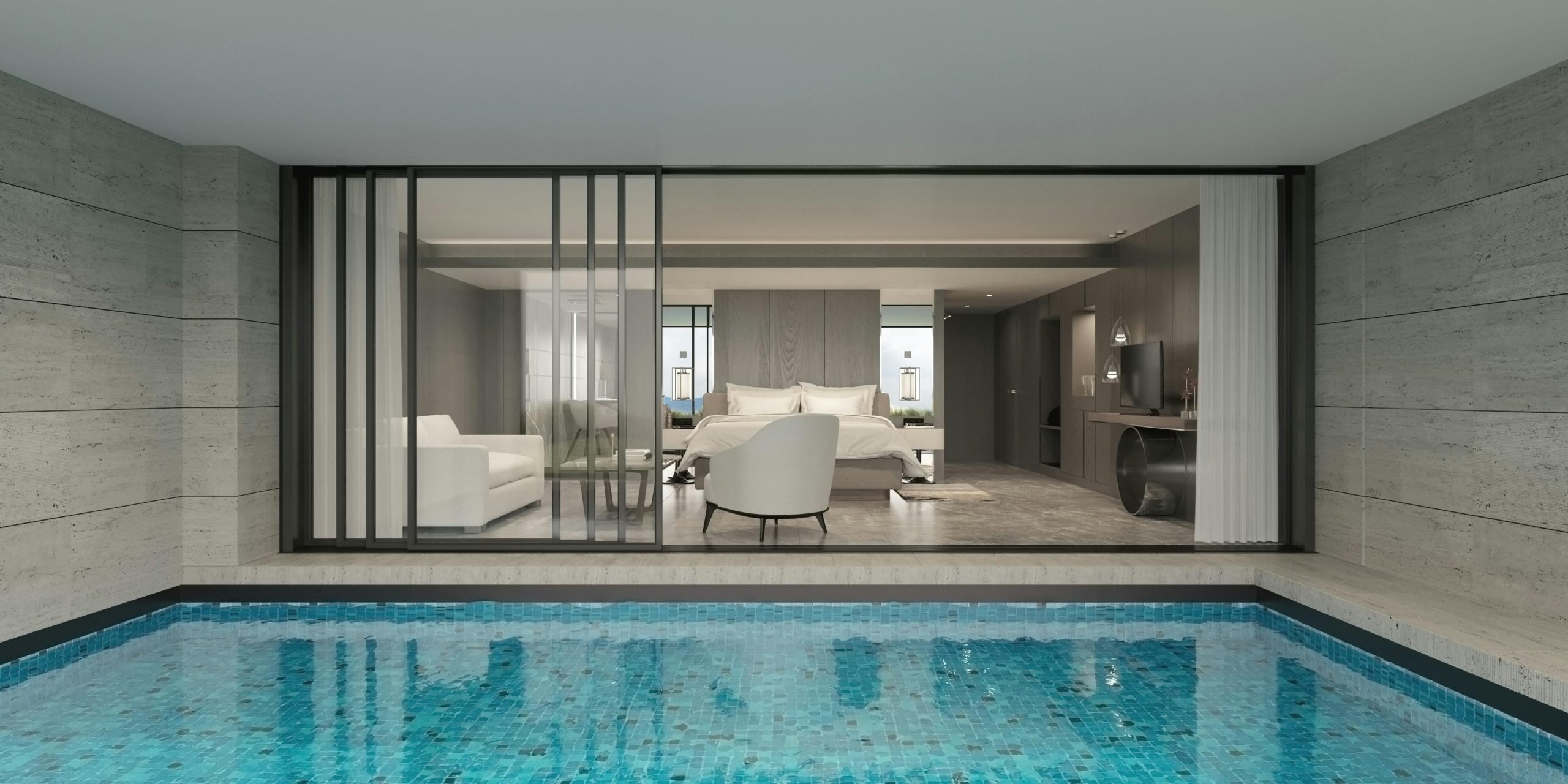 Modern luxury suite in Bodrum overlooking a serene private pool.